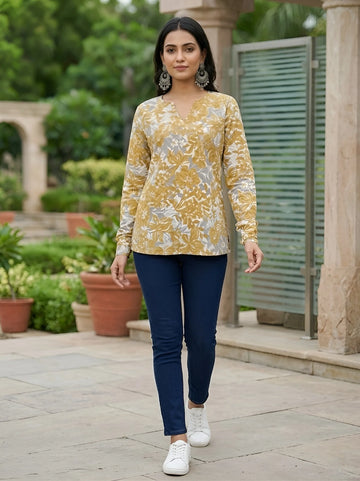 Faddism Women Yellow Printed Straight Pure Cotton Tunic