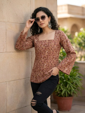 Faddism Women Brown Printed Straight Pure Cotton Tunic