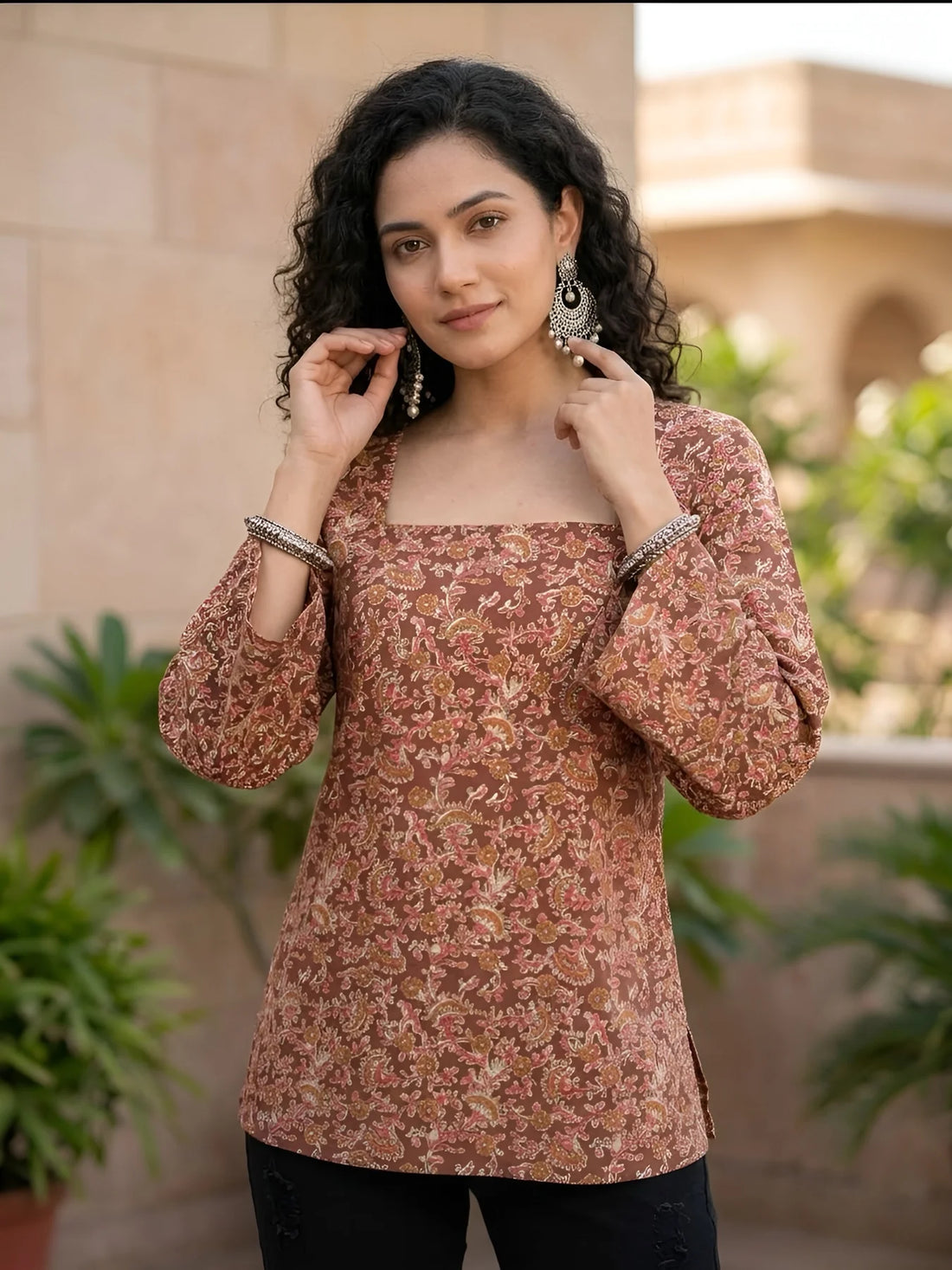 Faddism Women Brown Printed Straight Pure Cotton Tunic