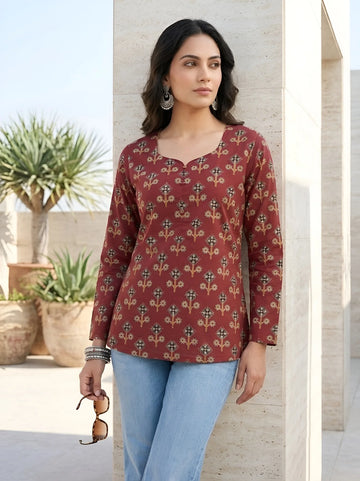 Faddism Women Maroon Printed Straight Pure Cotton Tunic
