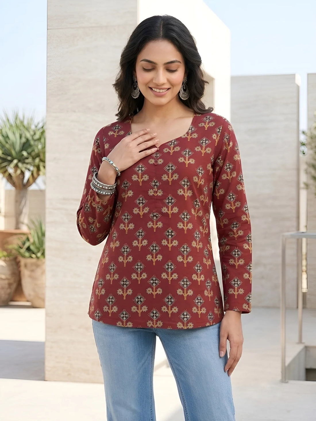 Faddism Women Maroon Printed Straight Pure Cotton Tunic