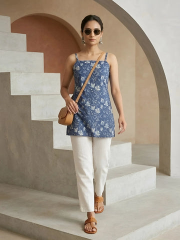 Faddism Women Blue Printed Pure Cotton Tunic