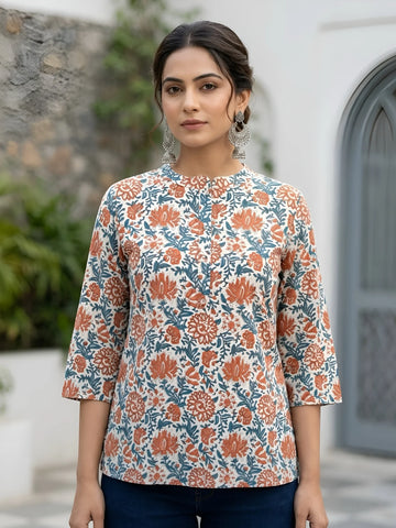 Faddism Women White Printed Straight Pure Cotton Tunic