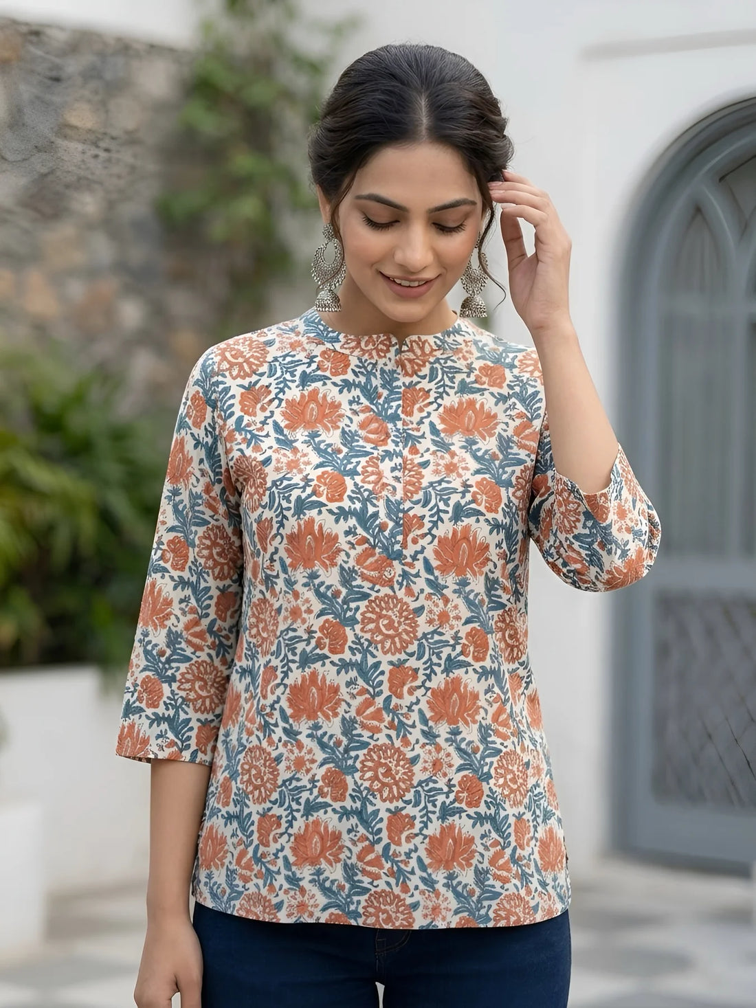 Faddism Women White Printed Straight Pure Cotton Tunic