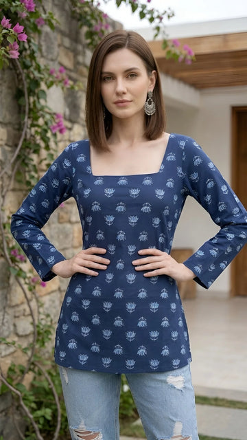 Faddism Women Blue Printed Straight Pure Cotton Tunic with Tie-Up Neck