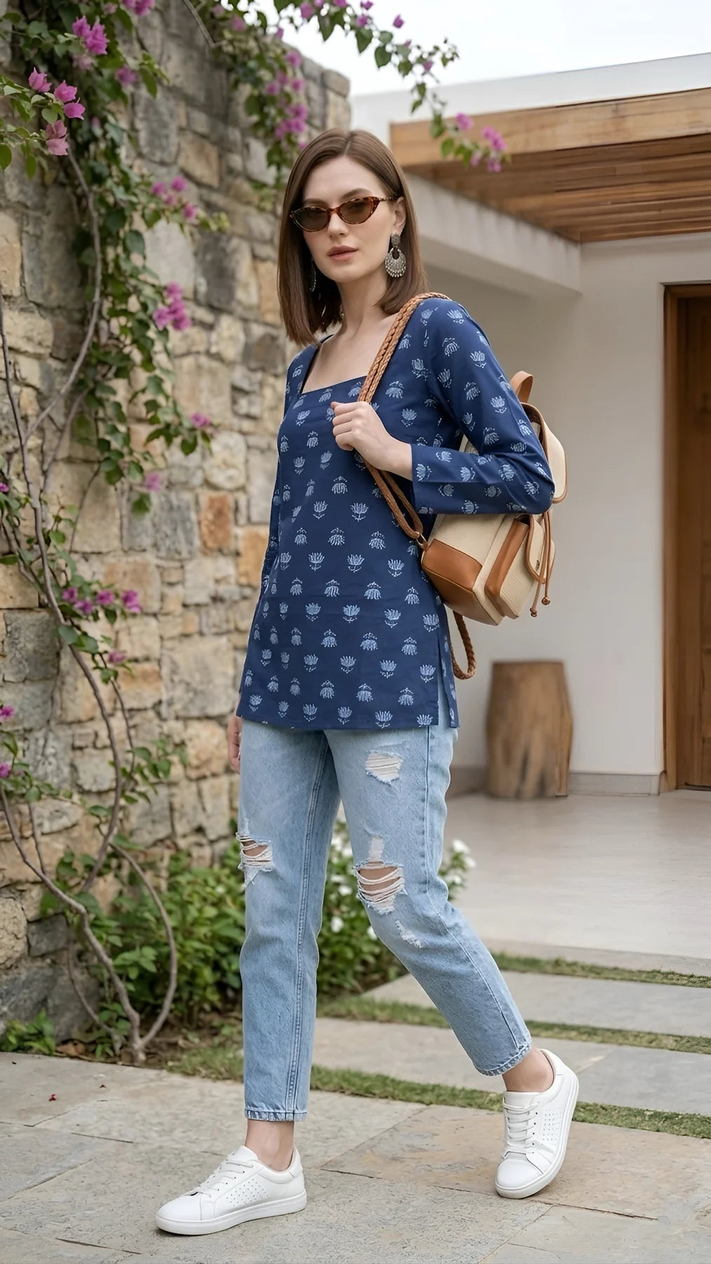Faddism Women Blue Printed Straight Pure Cotton Tunic with Tie-Up Neck