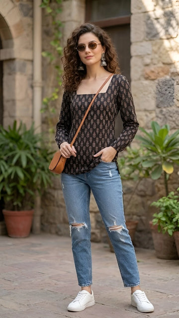 Faddism Women Black Ethnic Printed Straight Pure Cotton Tunic