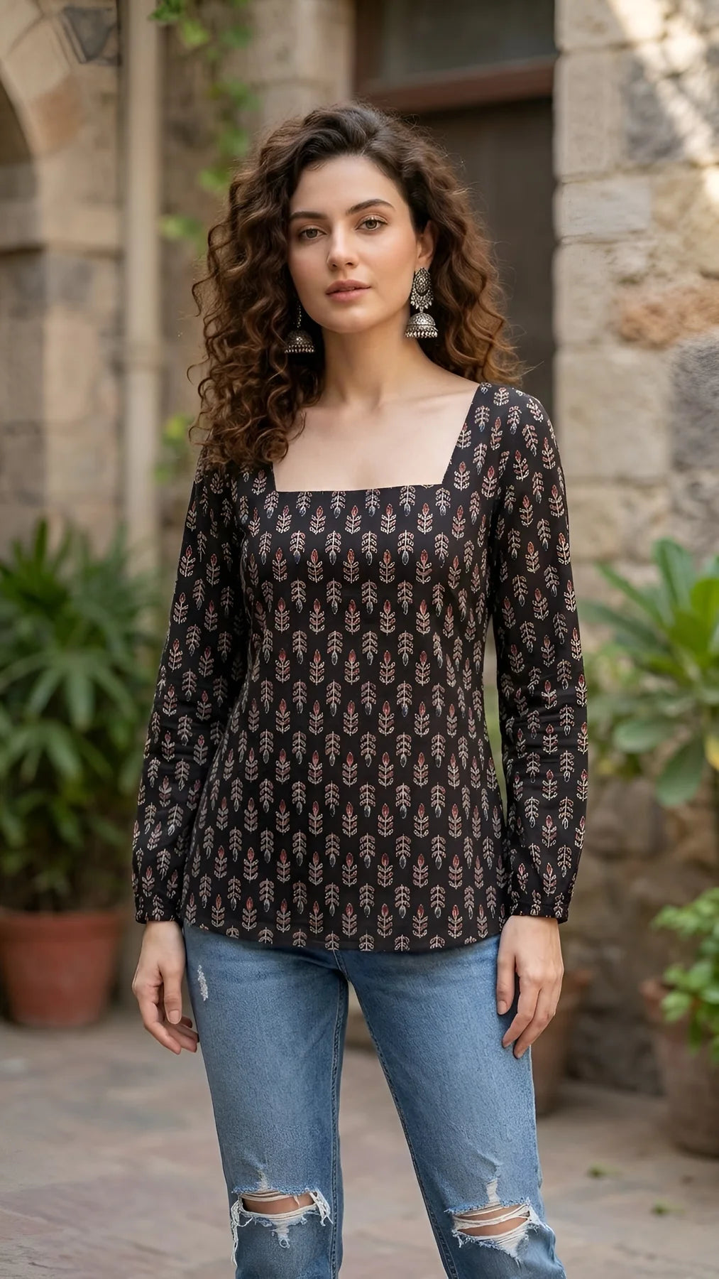 Faddism Women Black Ethnic Printed Straight Pure Cotton Tunic