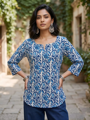 Faddism Women Blue Printed Straight Pure Cotton Tunic with Tie-Up Neck