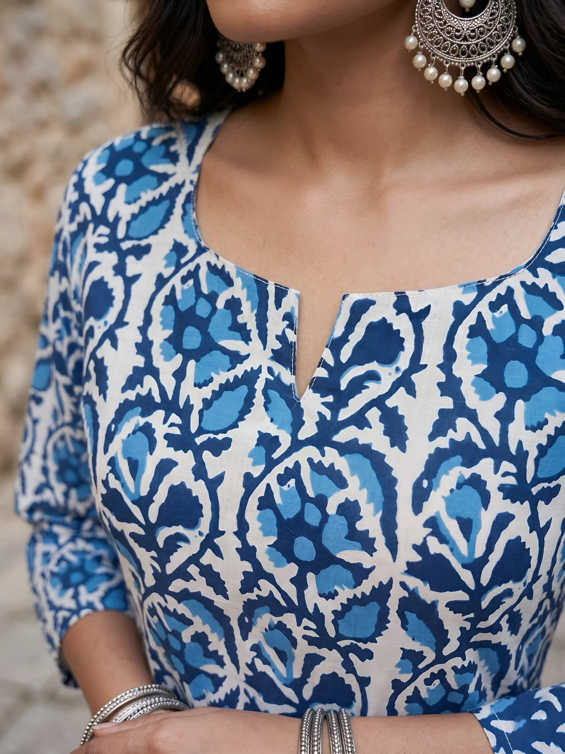 Faddism Women Blue Printed Straight Pure Cotton Tunic with Tie-Up Neck