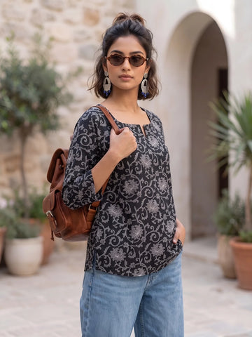 Faddism Women Black Ethnic Printed Straight Pure Cotton Tunic