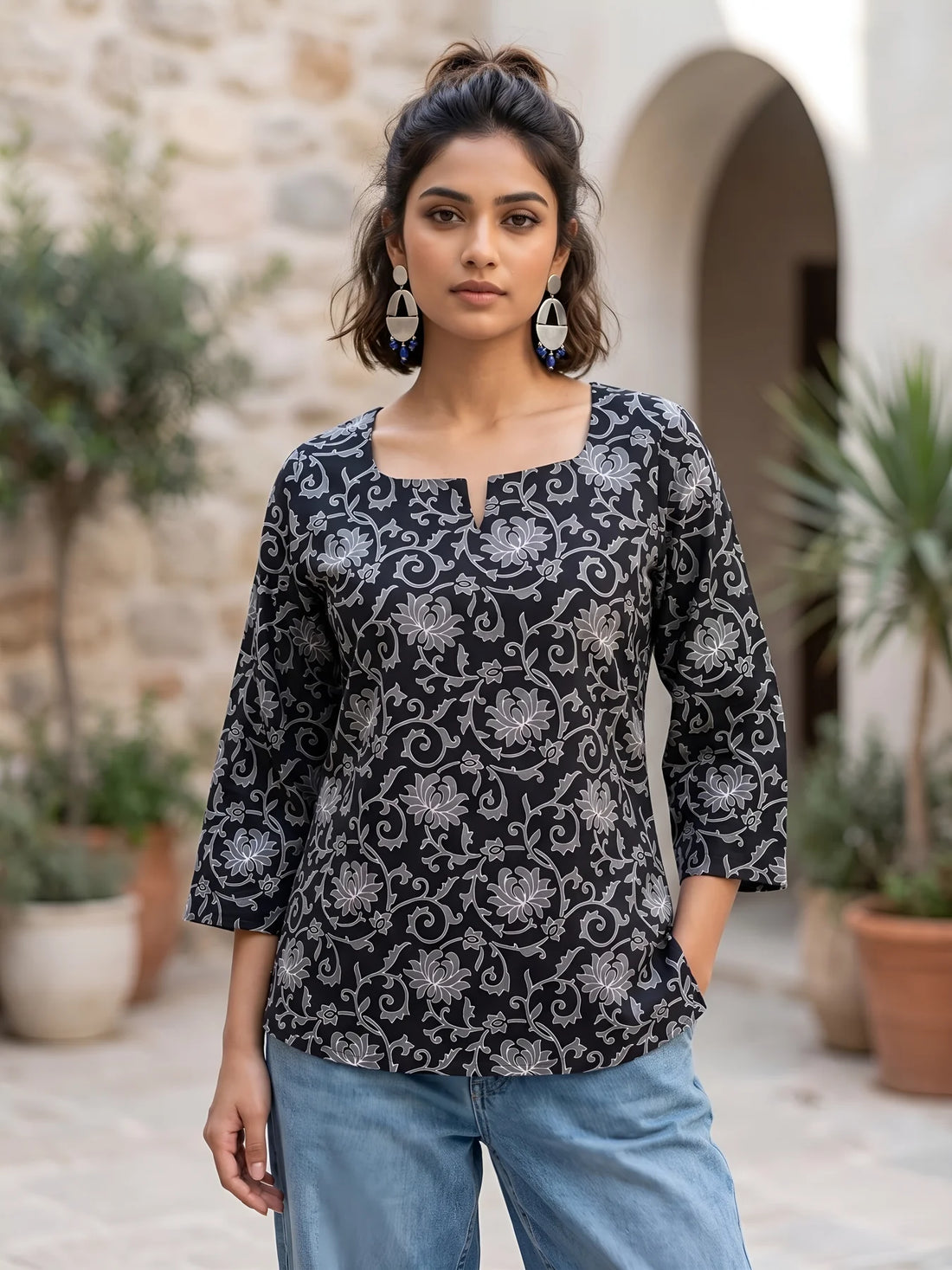 Faddism Women Black Ethnic Printed Straight Pure Cotton Tunic