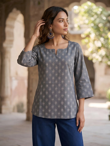 Faddism Women Grey Ethnic Printed Straight Pure Cotton Tunic