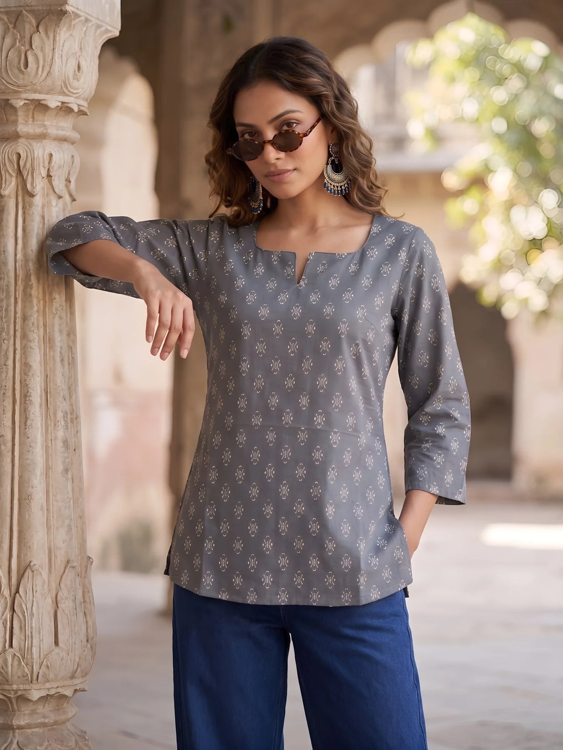 Faddism Women Grey Ethnic Printed Straight Pure Cotton Tunic