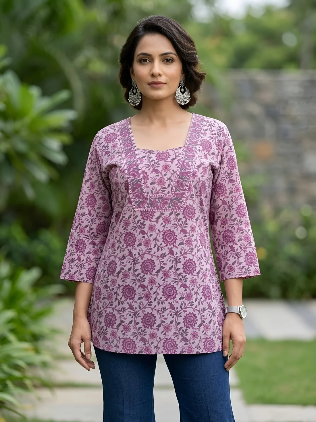 Faddism Women Lavender Printed Straight Pure Cotton Tunic