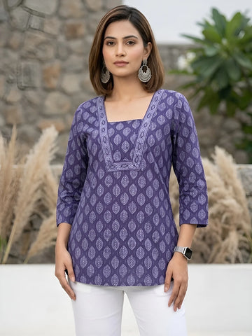 Faddism Purple Printed Straight Pure Cotton Tunic
