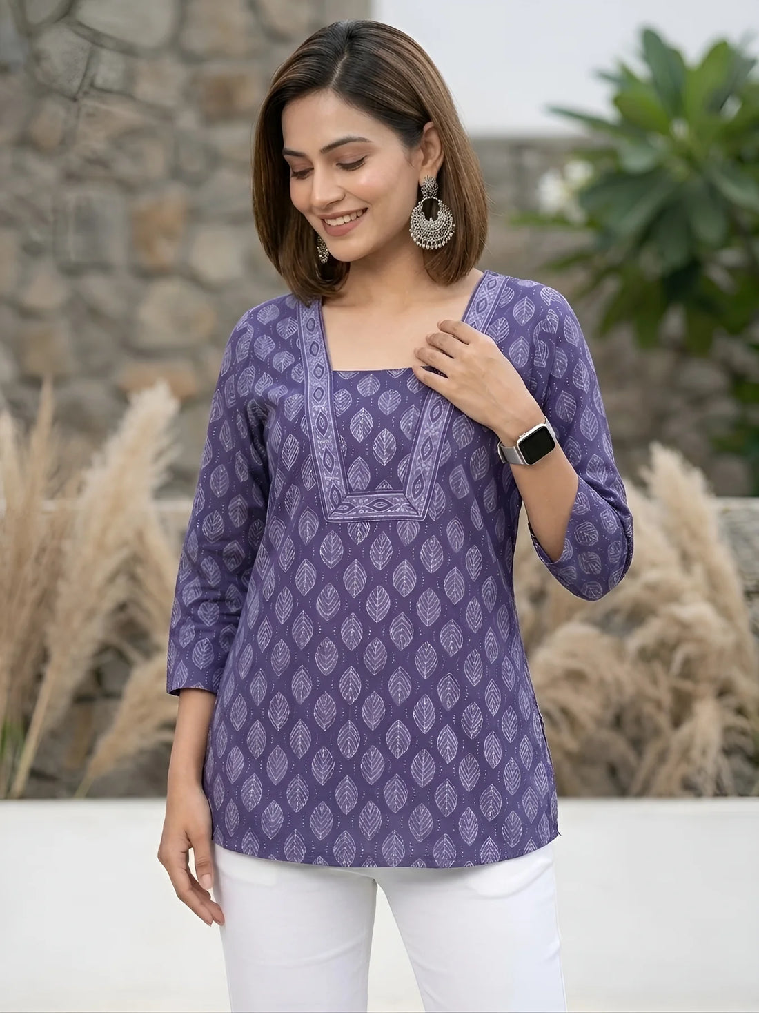 Faddism Purple Printed Straight Pure Cotton Tunic