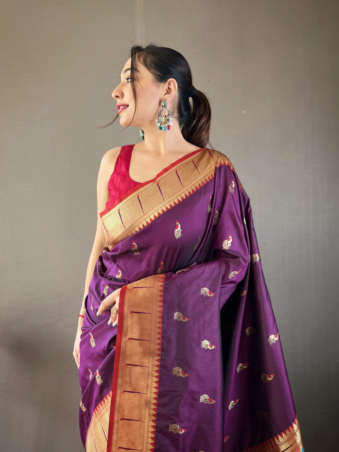 Rukmani Wine Paithani Silk Saree