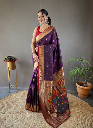 Rukmani Wine Paithani Silk Saree