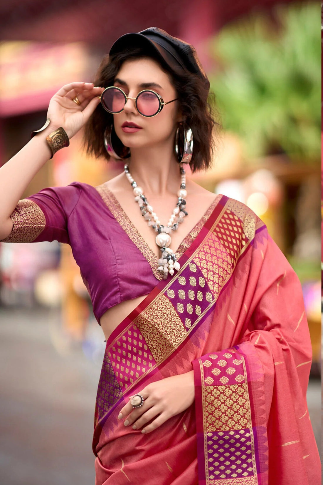 Rangoli Art Rose Pearl Pure Banarasi Silk Saree with Designer Border