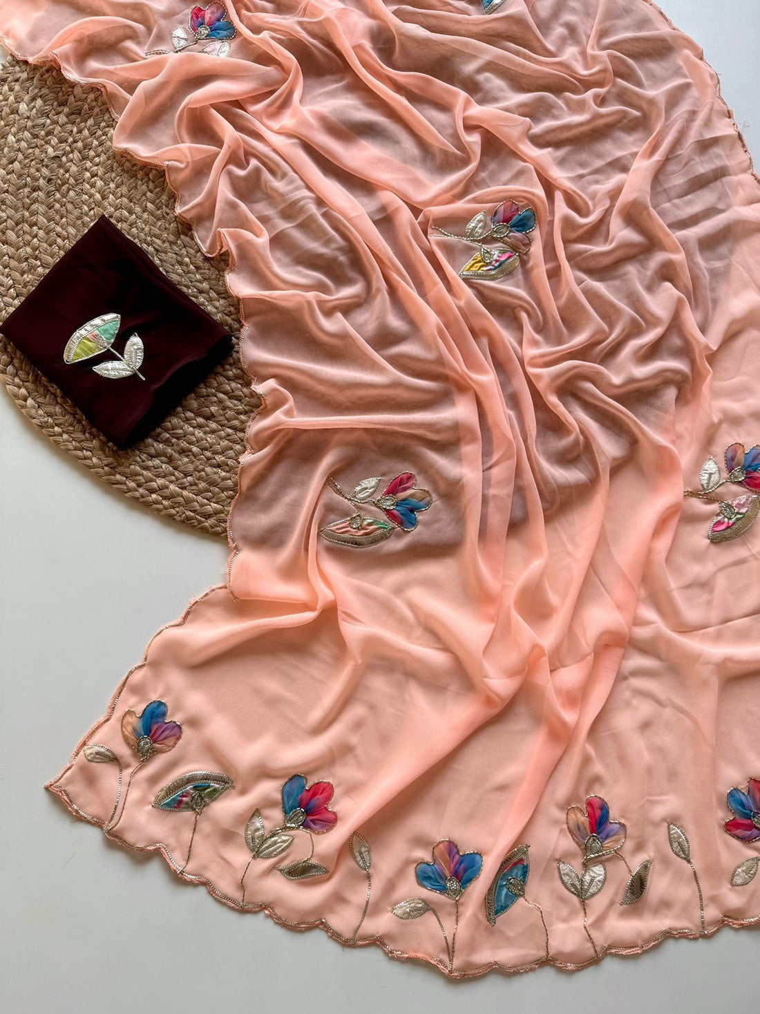 Faddism Premium Soft Georgette Saree with Floral Patch Work and Embossed Cutwork Border