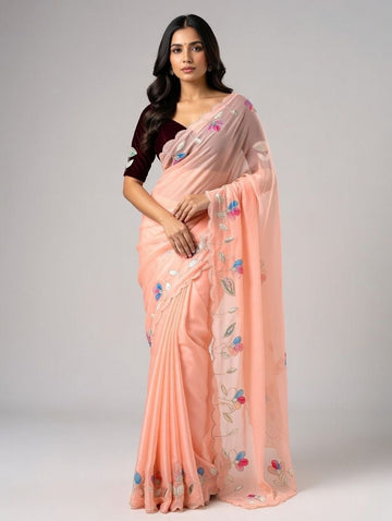 Faddism Premium Soft Georgette Saree with Floral Patch Work and Embossed Cutwork Border