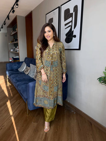 Faddism Freya Pure Natural Crape Ajrakh Print Mirror Work Top & Palazzo Co-ord Set
