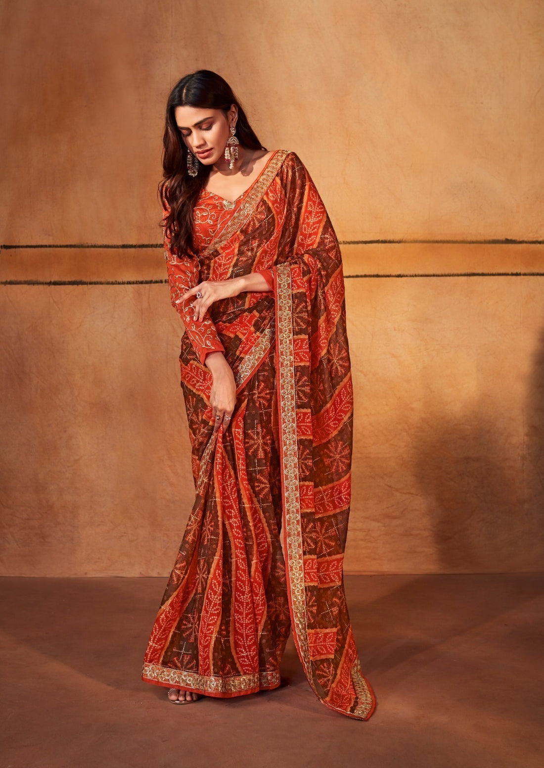 Stavan Gerua Pure Chiffon Saree with Embroidery Border and Designer Blouse