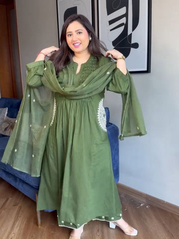 Faddism Green Valley Pure Cotton 60x60 Handwork Suit Set with Dupatta