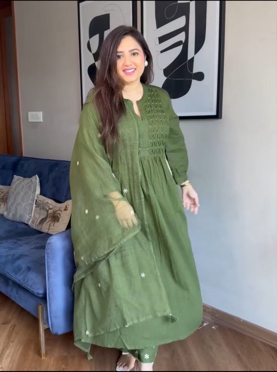 Faddism Green Valley Pure Cotton 60x60 Handwork Suit Set with Dupatta