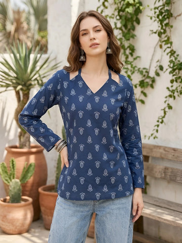 Faddism Women Blue Printed Straight Pure Cotton Tunic with Tie-Up Neck