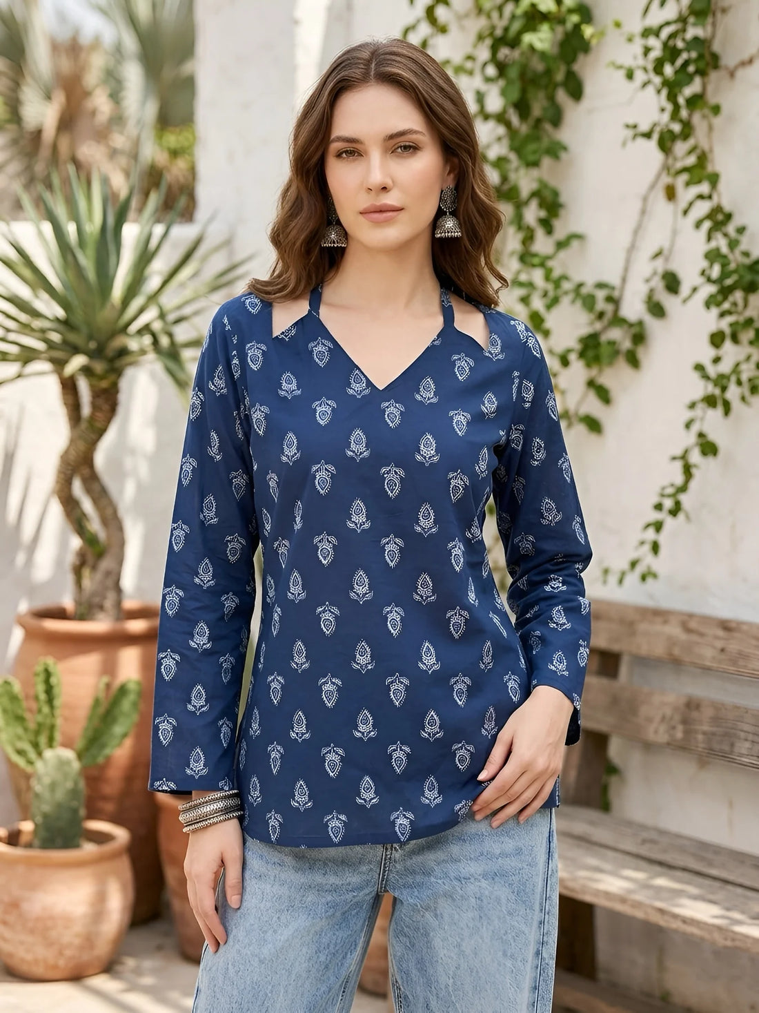 Faddism Women Blue Printed Straight Pure Cotton Tunic with Tie-Up Neck