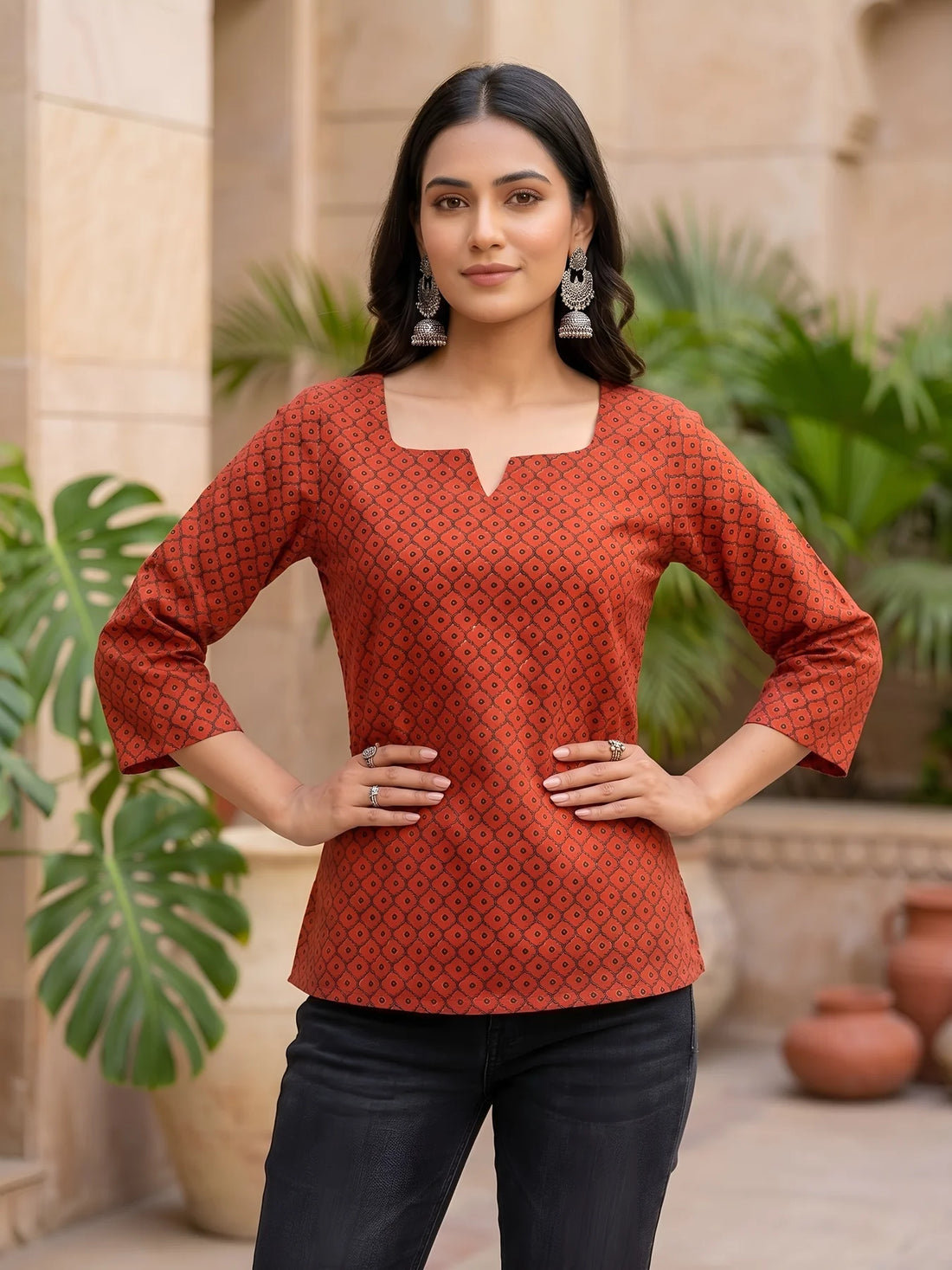 Faddism Women Red Ethnic Printed Straight Pure Cotton Tunic