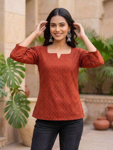 Faddism Women Red Ethnic Printed Straight Pure Cotton Tunic