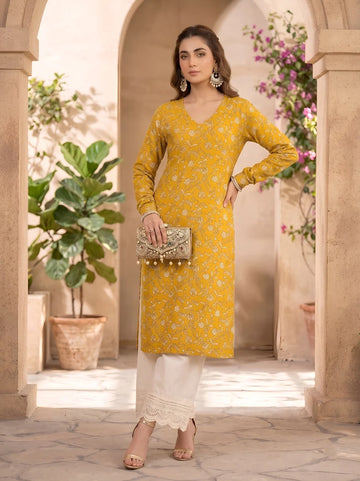 Faddism Yellow Printed Straight Kurta with Three Quarter Sleeves