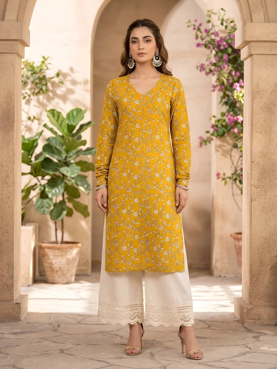 Faddism Yellow Printed Straight Kurta with Three Quarter Sleeves