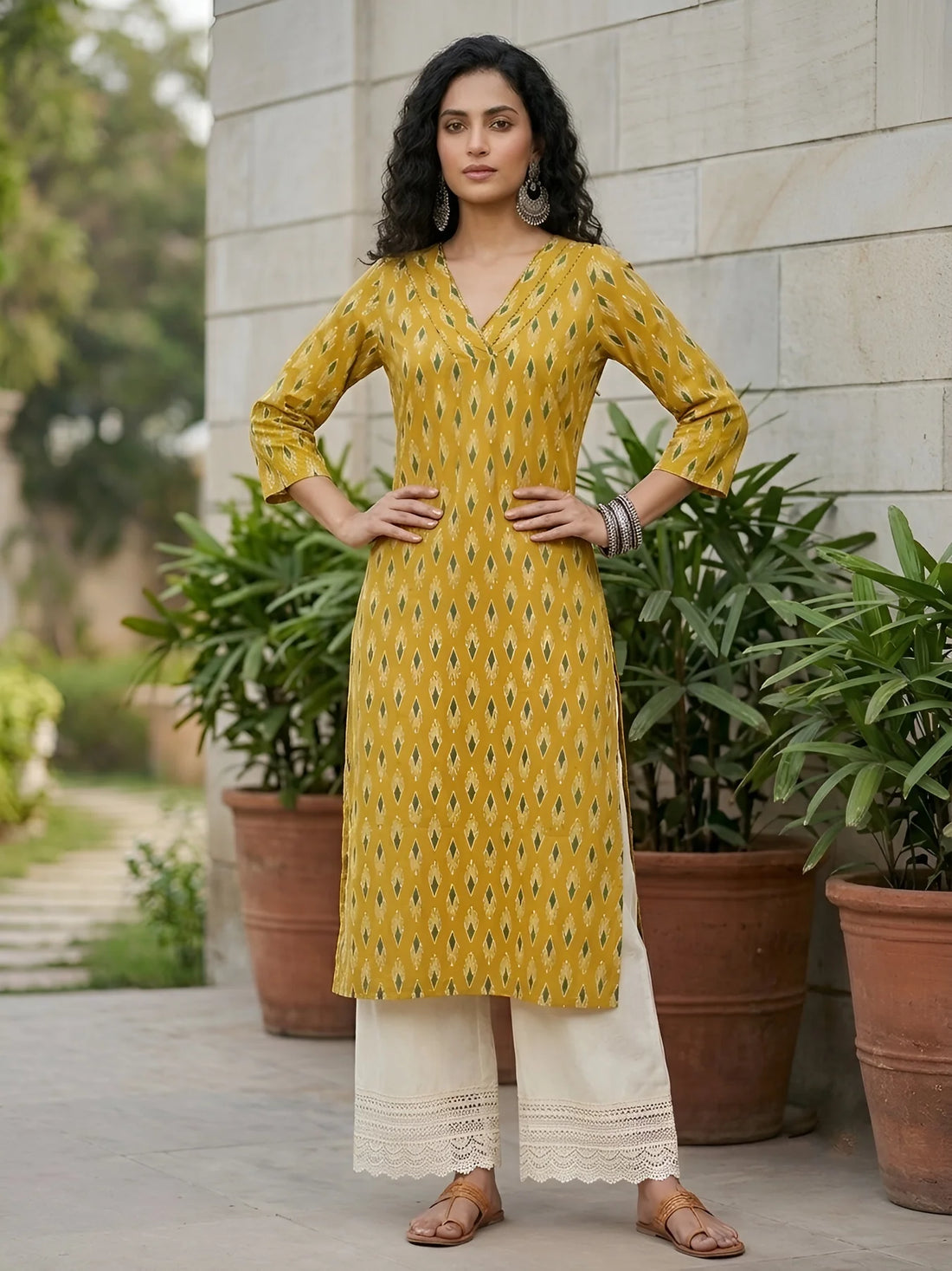 Faddism Yellow Printed Straight Kurta with Three Quarter Sleeves