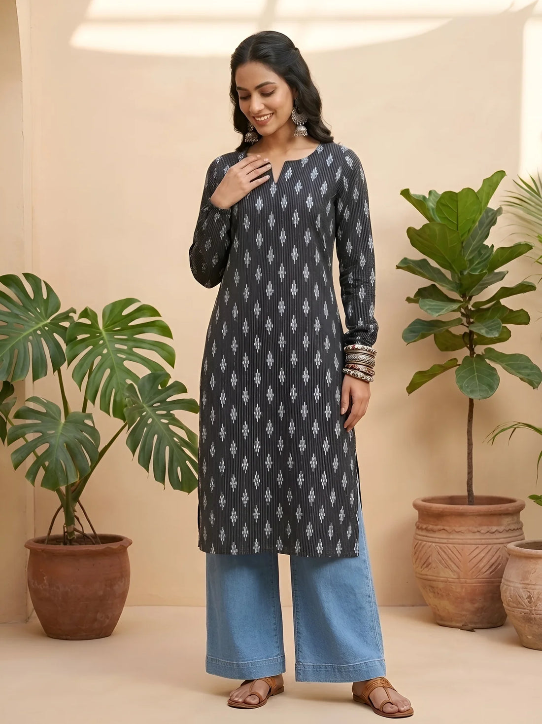Faddism Black Printed Straight Kurta with Three Quarter Sleeves