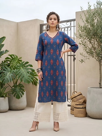 Faddism Blue Printed Straight Kurta with Three Quarter Sleeves