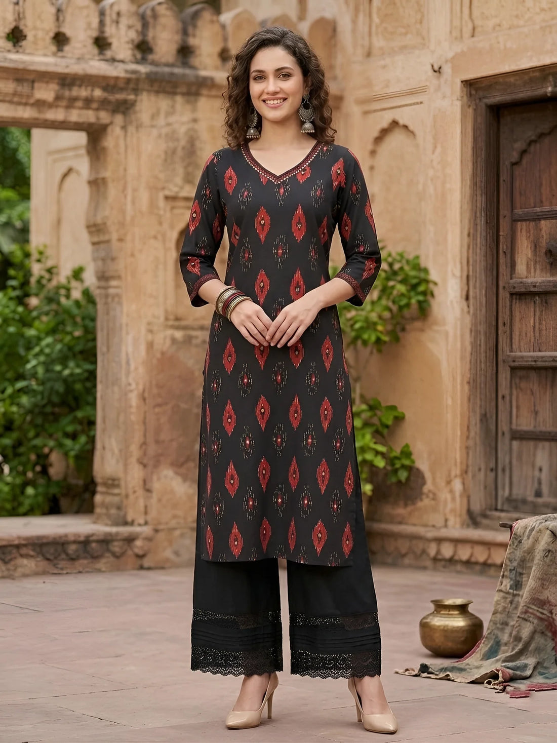 Faddism Black Printed Straight Kurta with Three Quarter Sleeves