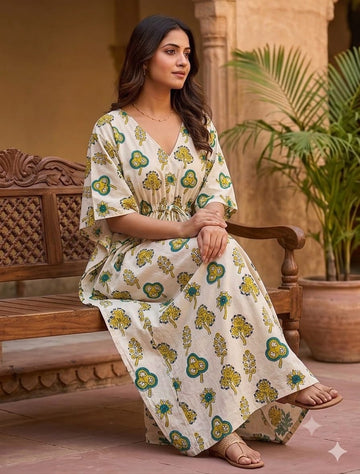 Faddism cream-colored Floral Hand Block Printed Pure Cotton Kaftan