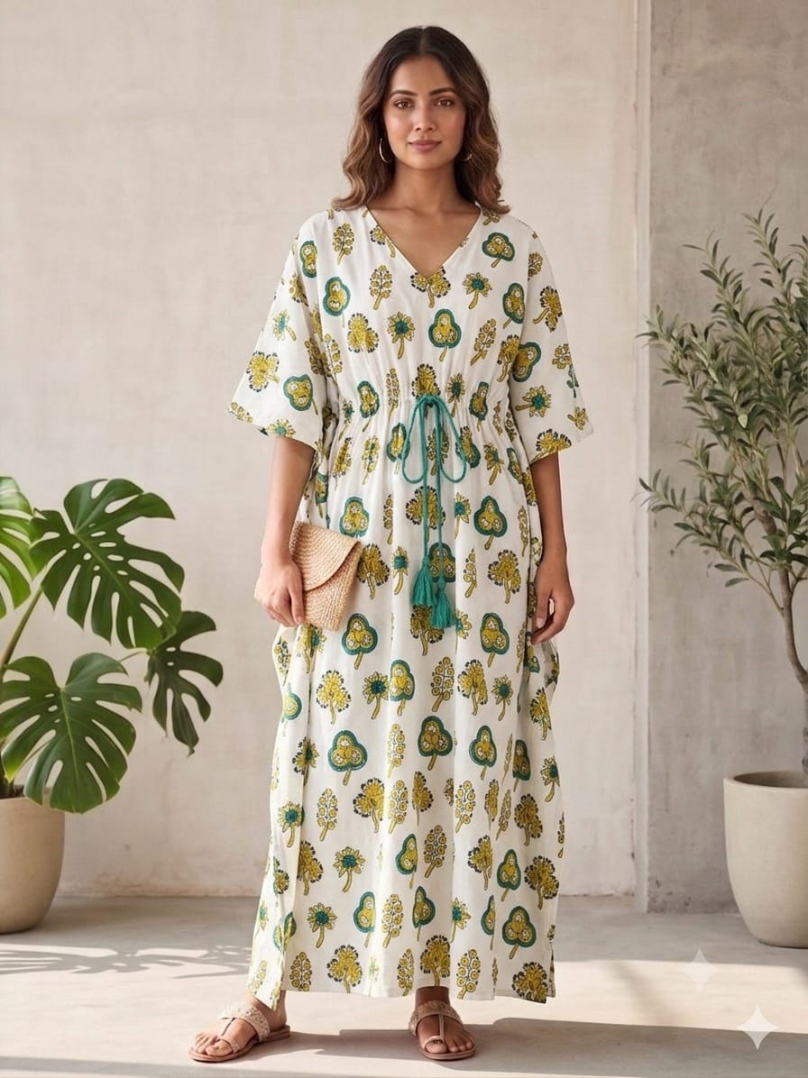 Faddism cream-colored Floral Hand Block Printed Pure Cotton Kaftan