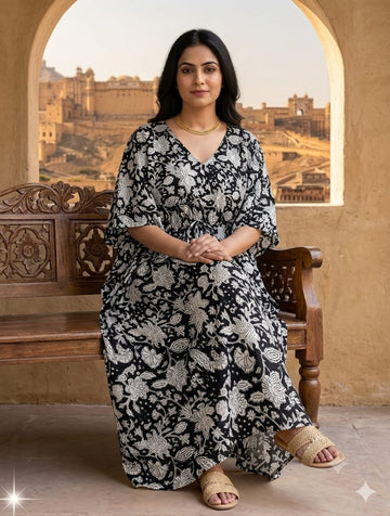 Faddism Black Floral Hand Block Printed Pure Cotton Kaftan
