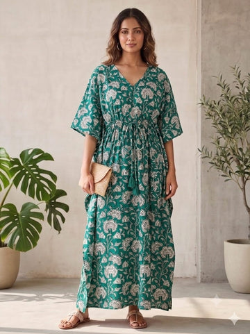 Faddism Green Floral Hand Block Printed Pure Cotton Kaftan