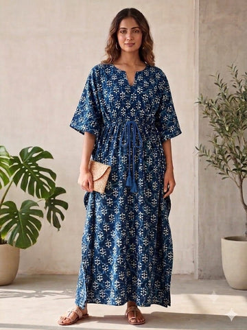 Faddism Navy Blue Hand Block Printed Pure Cotton Kaftan