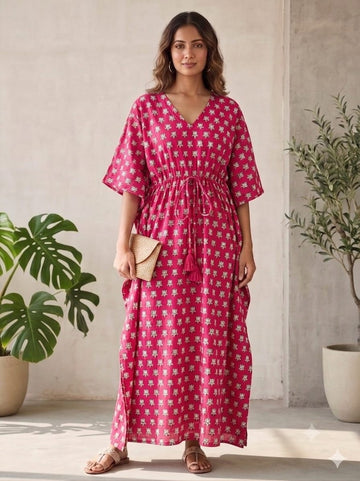 Faddism Pink Floral  Hand Block Printed Pure Cotton Kaftan