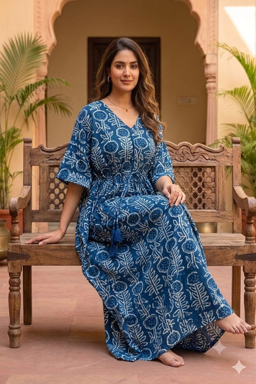 Faddism Blue Hand Block Printed Pure Cotton Kaftan