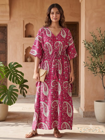 Faddism Purple Hand Block Printed Pure Cotton Kaftan