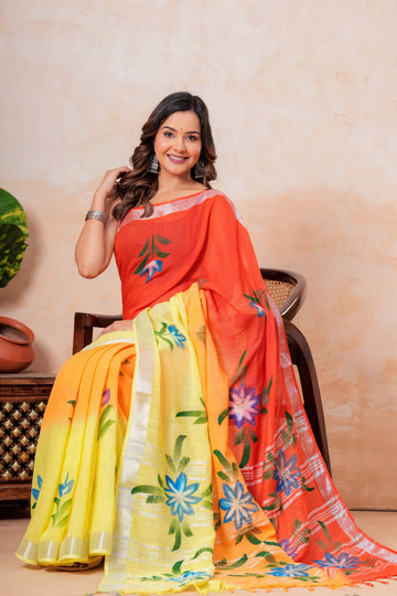 Faddism Hand Block Printed Linen Saree with Blouse