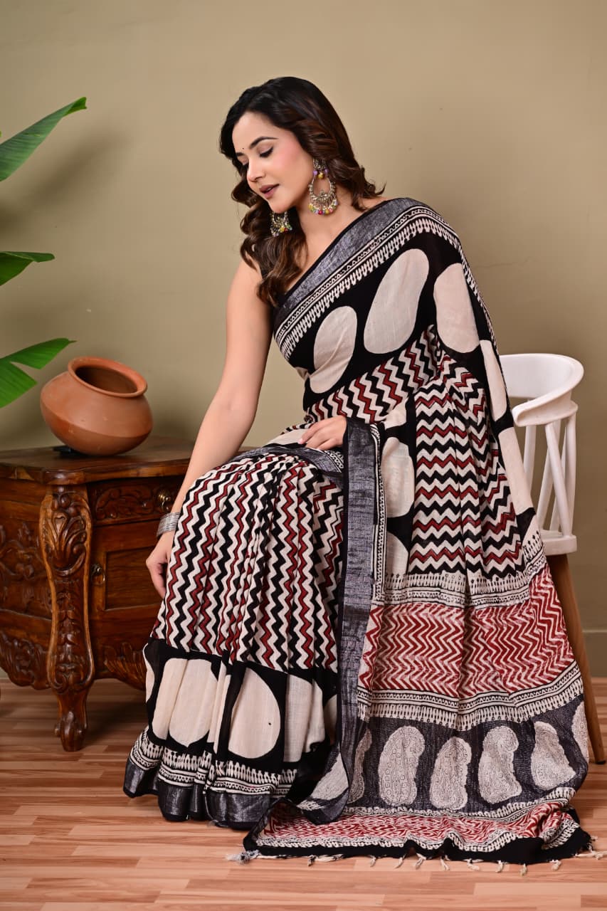 Faddism Hand Block Printed Linen Saree with Blouse